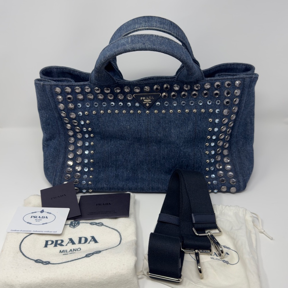 Prada Canapa Blue Denim Studded Tote Bag with Detachable Strap